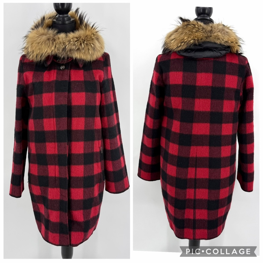 Woolrich John Rich & Bros. Plaid Wool Down Coat Fur Hood Red Black Size XS